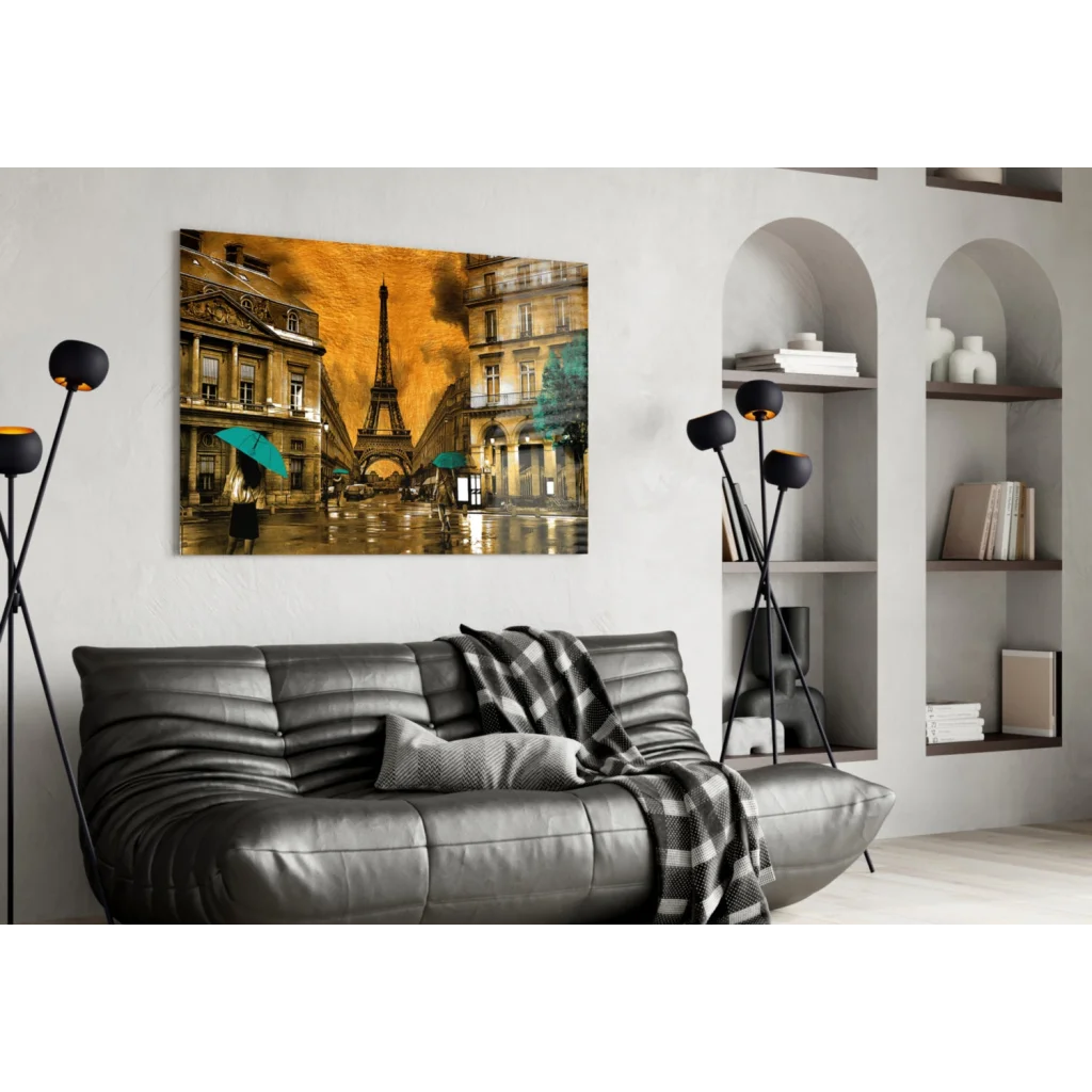 Stunning Eiffel Tower wall art over black leather couch with plaid throw