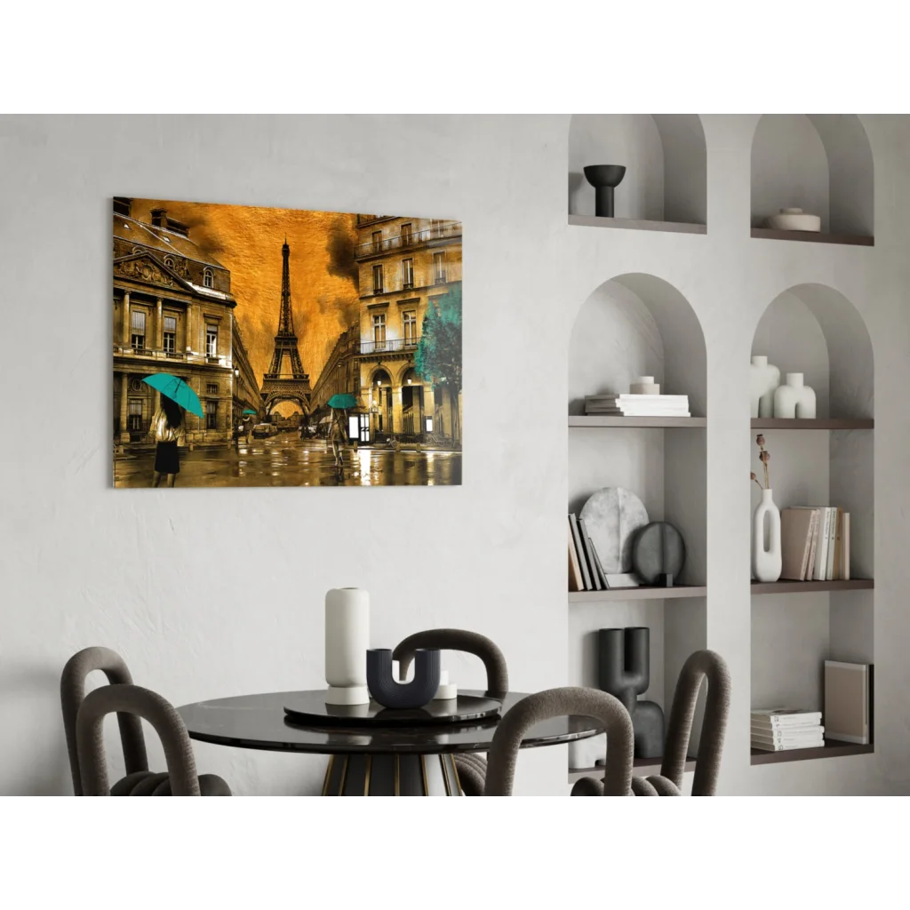 Vibrant Eiffel Tower wall art on canvas with rainy Parisian charm