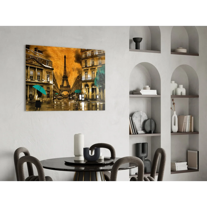 Vibrant Eiffel Tower wall art on canvas with rainy Parisian charm