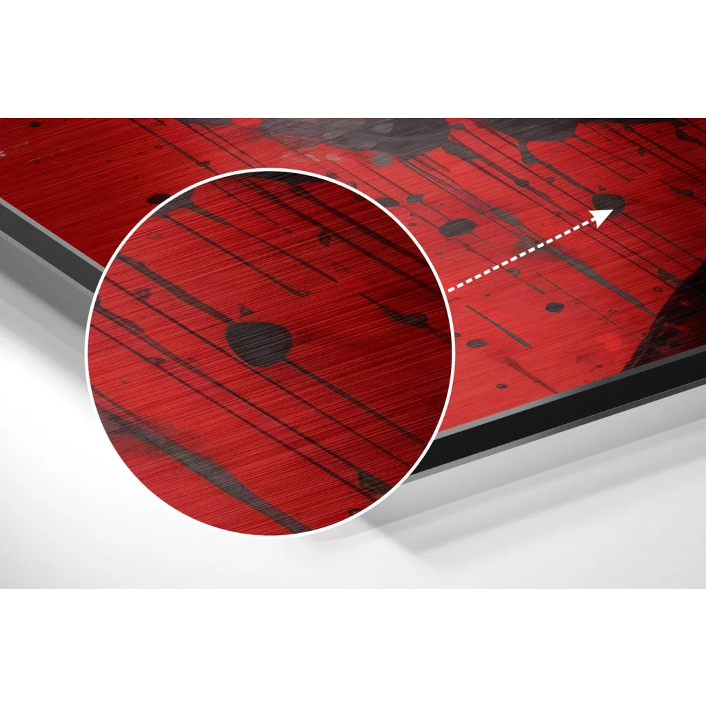 Red black wooden skateboard deck on stunning Einstein brushed aluminium dibond print