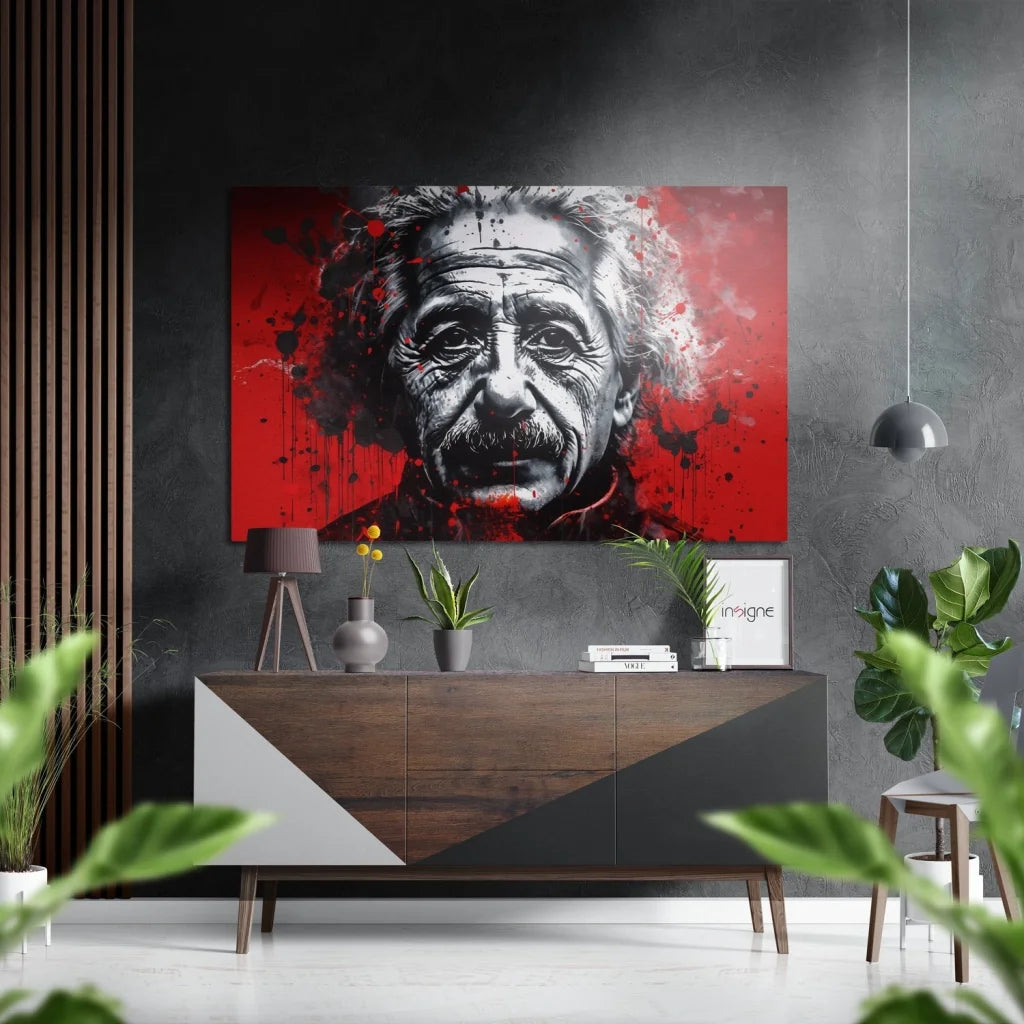 Red and black abstract Einstein portrait on brushed aluminium dibond print