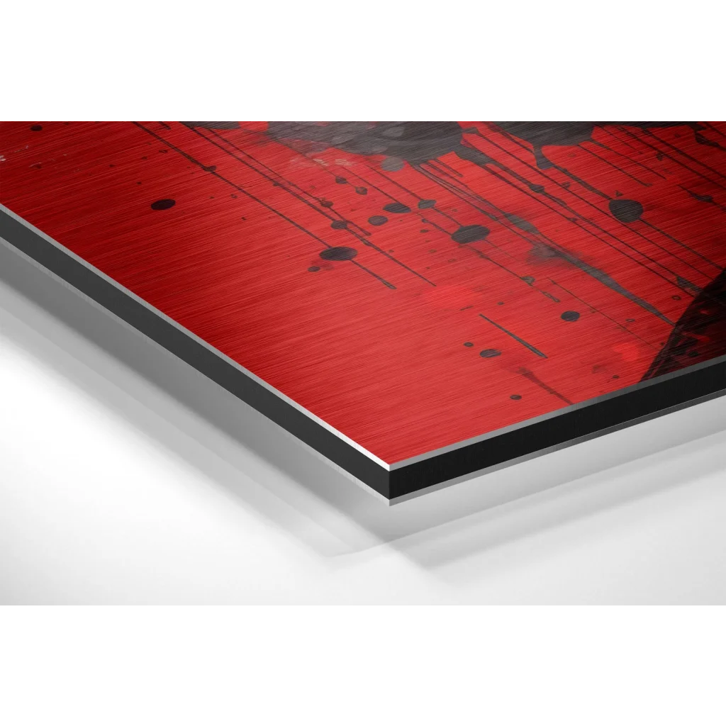 Red and black Einstein abstract on brushed aluminium dibond print