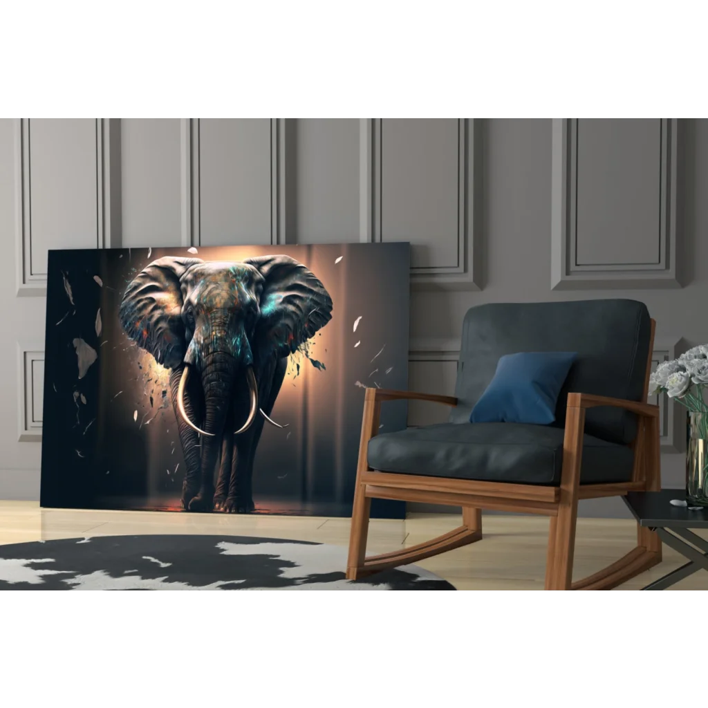 Stunning elephant canvas wall art with glowing blue tusks and golden light
