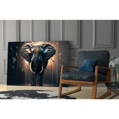 Stunning elephant canvas wall art with glowing blue tusks and golden light