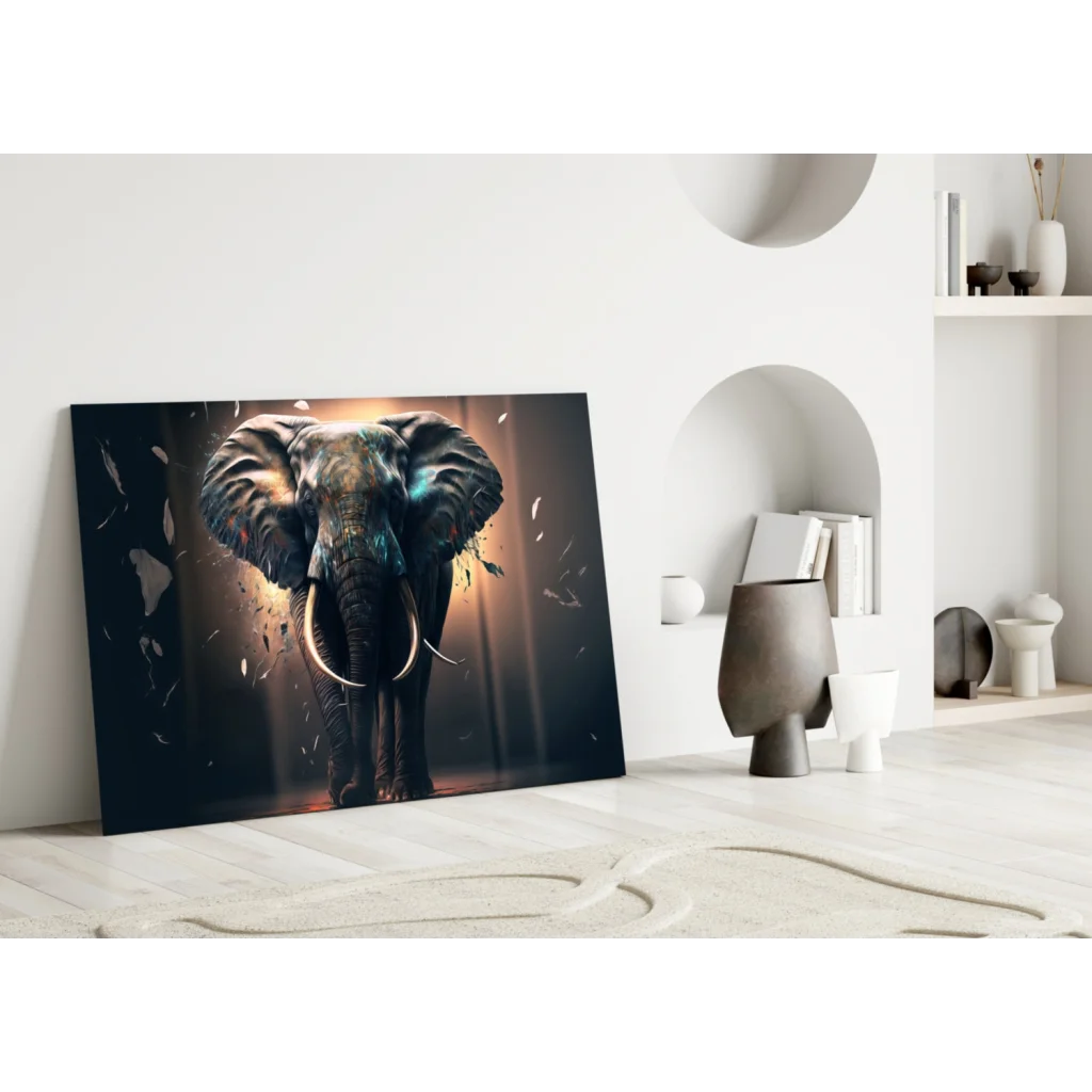 Stunning elephant canvas wall art in blue brown tones with textured stone design