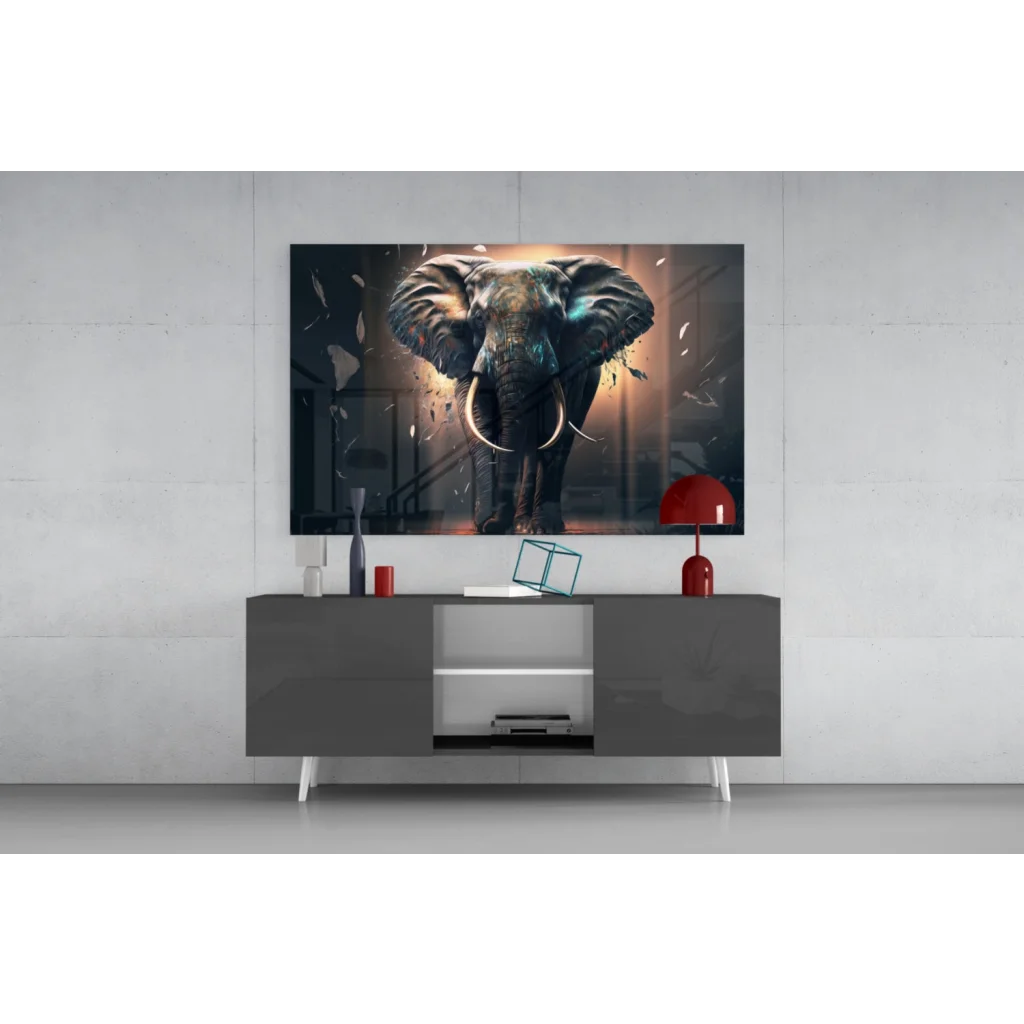 Sleek 4K UHD TV framed in black gloss with elephant glass wall art