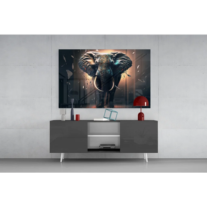 Sleek 4K UHD TV framed in black gloss with elephant glass wall art