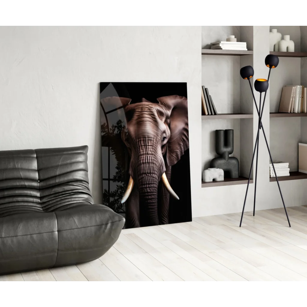 Stunning elephant glass wall art with tusks and textured skin