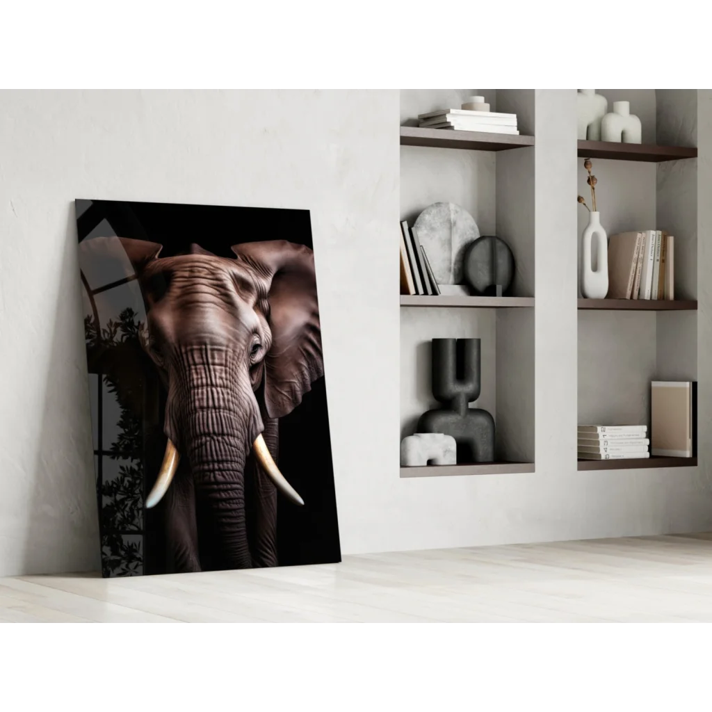 Stunning elephant glass wall art in brown black tones textured detail