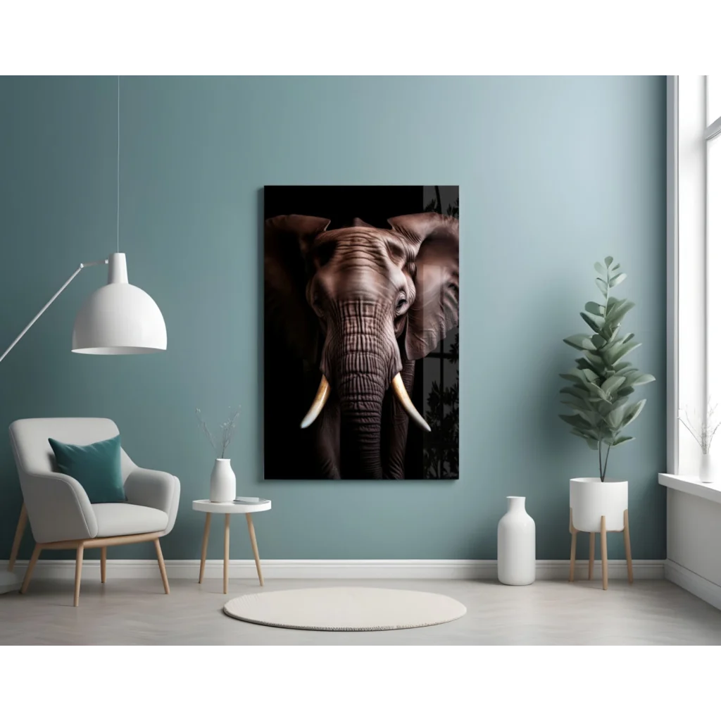 Stunning elephant glass wall art with tusks and trunk in focus
