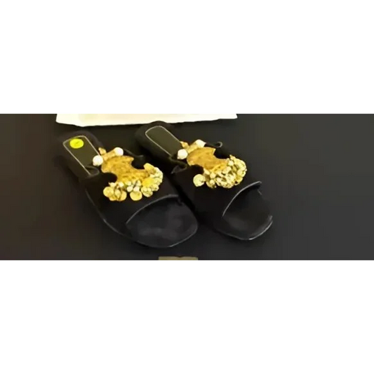 Elina Linardaki Black Cleopatra Sandals with gold and white embellishments