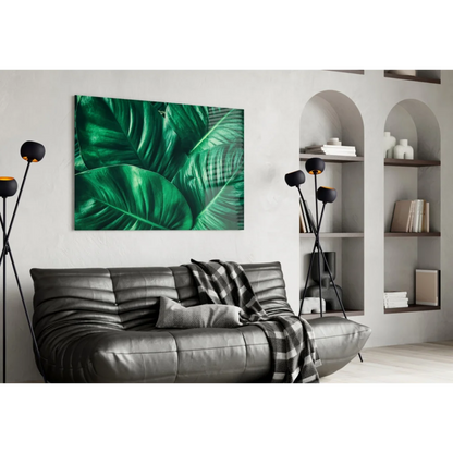 Stunning emerald tropical leaf glass wall art on white wall