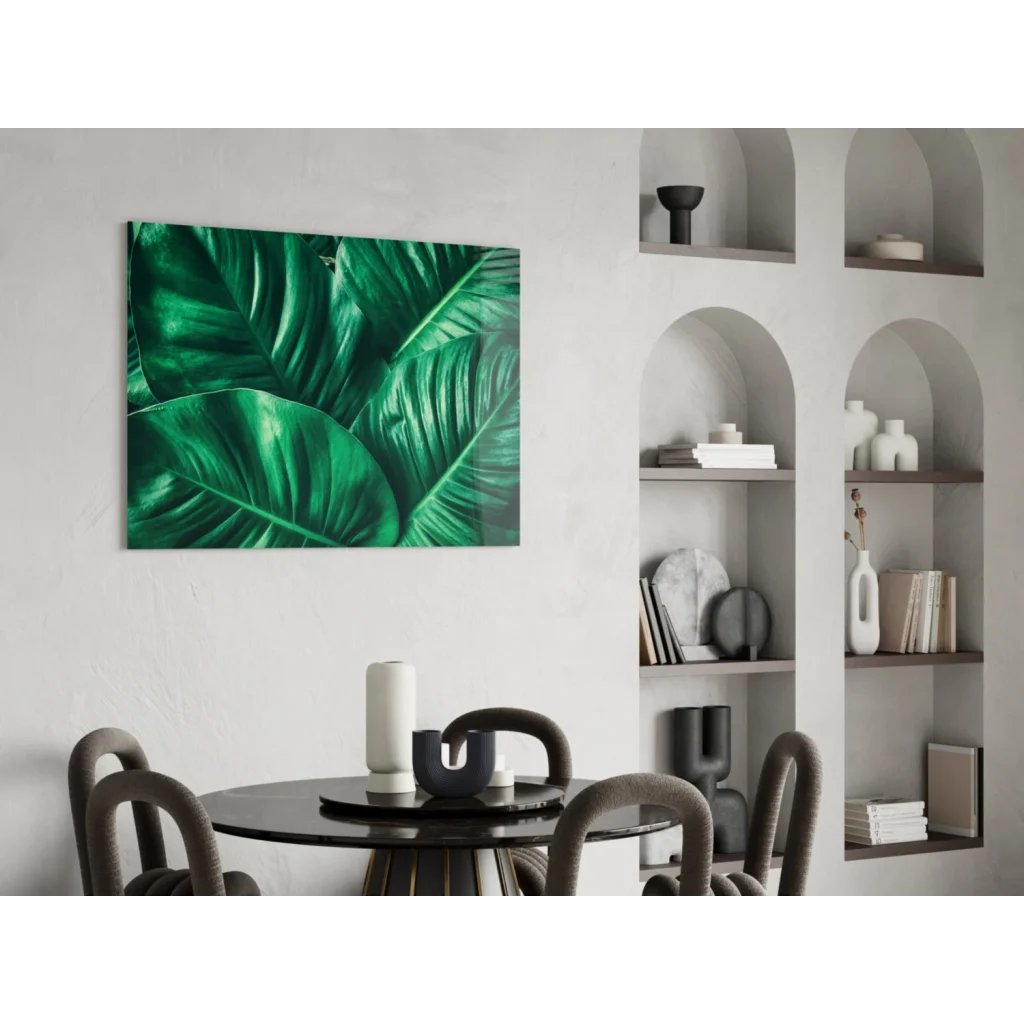 Stunning emerald tropical leaf glass wall art on white wall