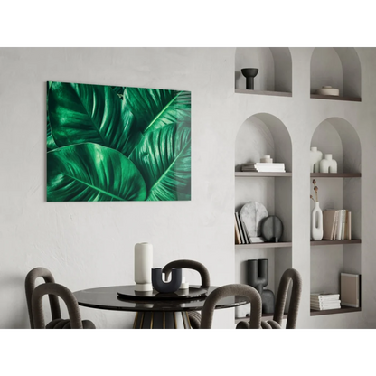 Stunning emerald tropical leaf glass wall art on white wall