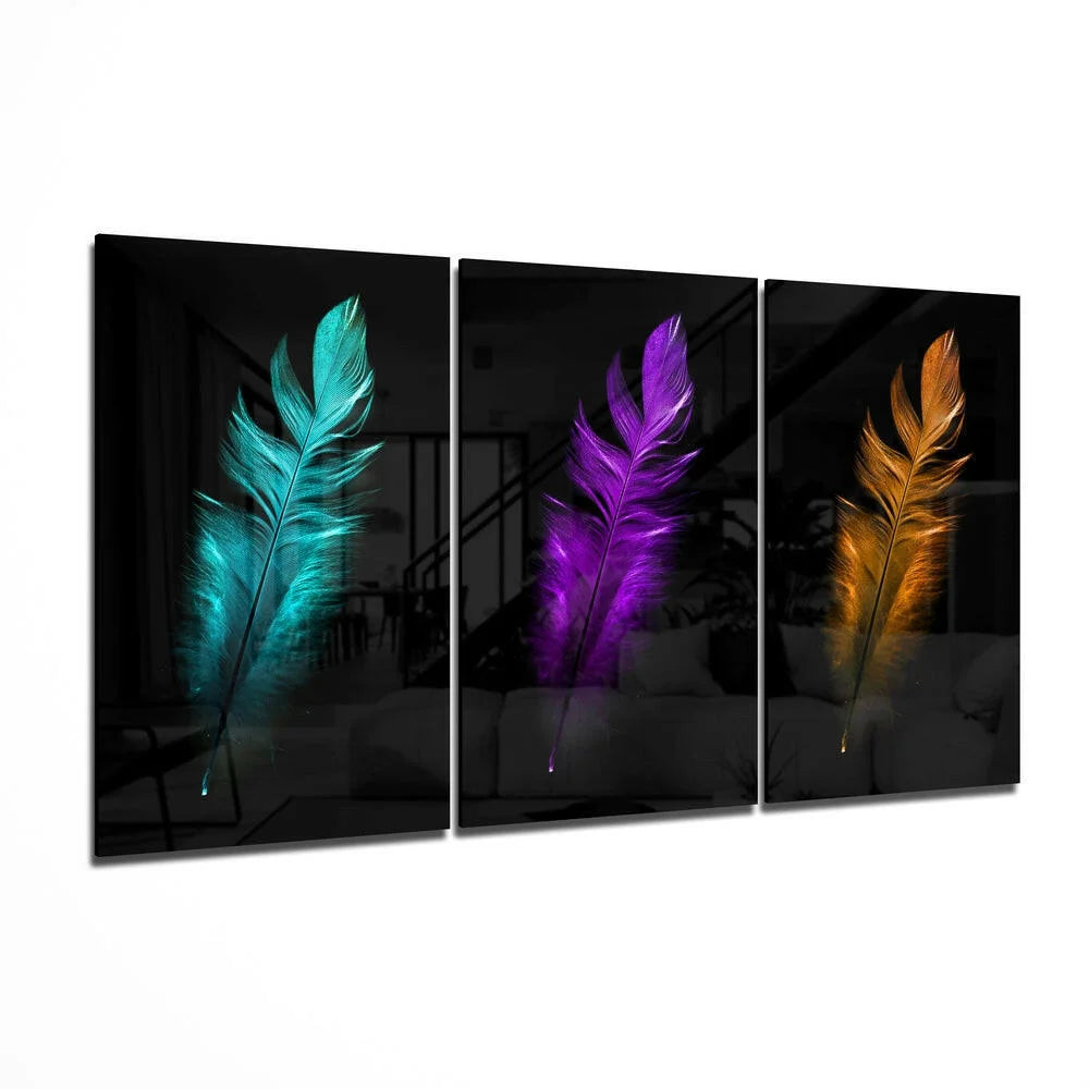 Stunning teal purple orange feather glass wall art triptych on black