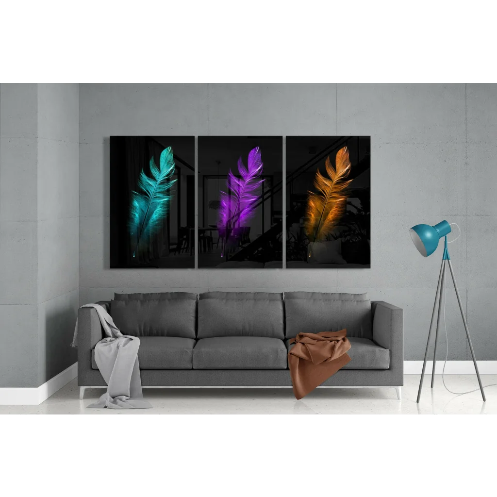 Vibrant teal purple orange 3-panel glass wall art triptych on black background