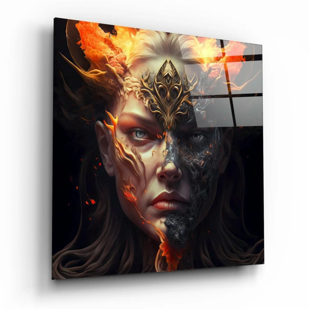 Vibrant fire-themed glass wall art panel with intricate designs for modern homes