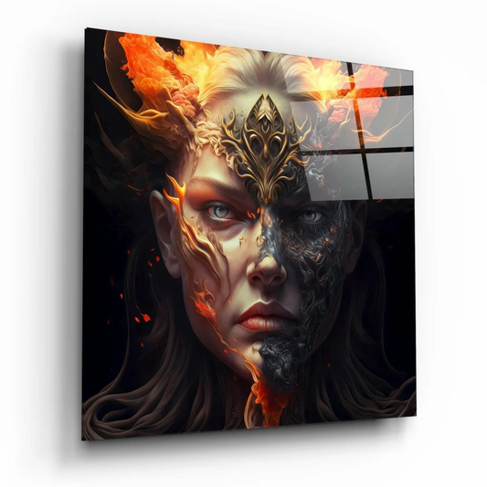 Vibrant fire-themed glass wall art panel with intricate designs for modern homes