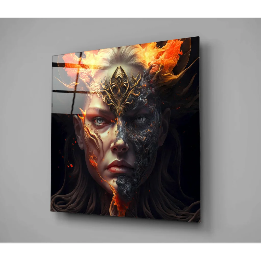 Stunning fire-themed glass wall art panel with dual-toned face design