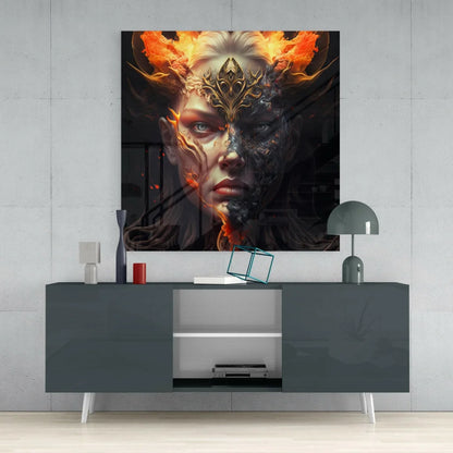 Dual-faced fantasy woman in fiery icy glass wall art panel