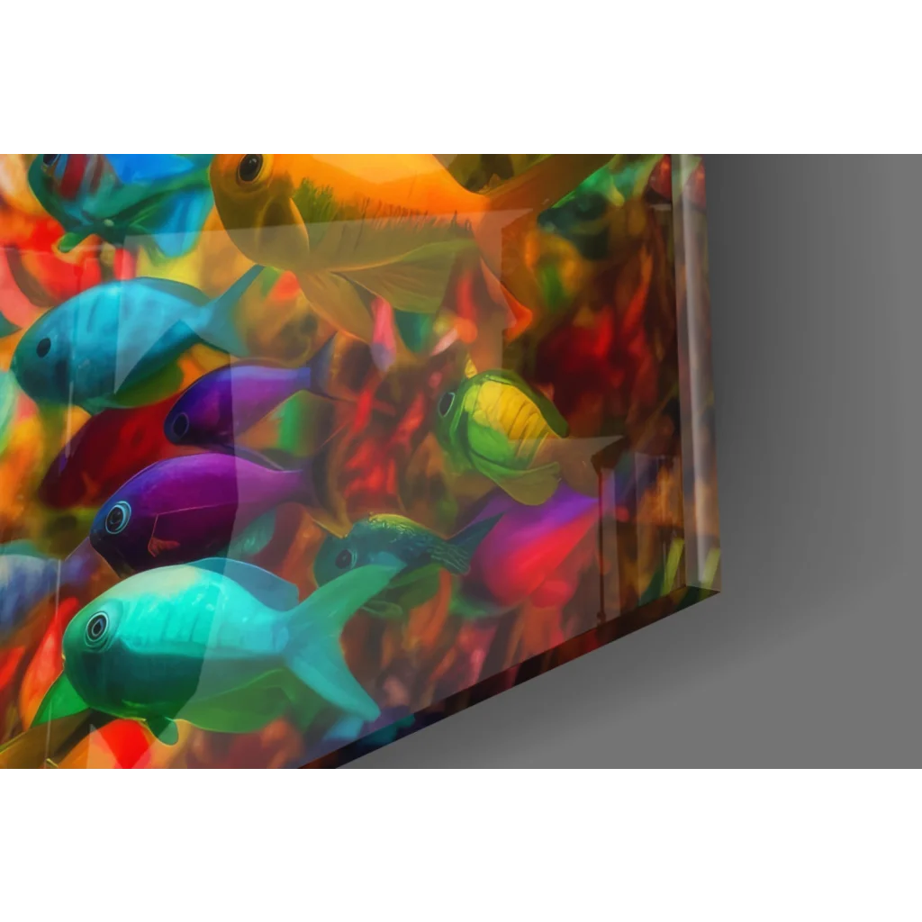 Vibrant multicolored fish in glossy acrylic aquarium glass wall art