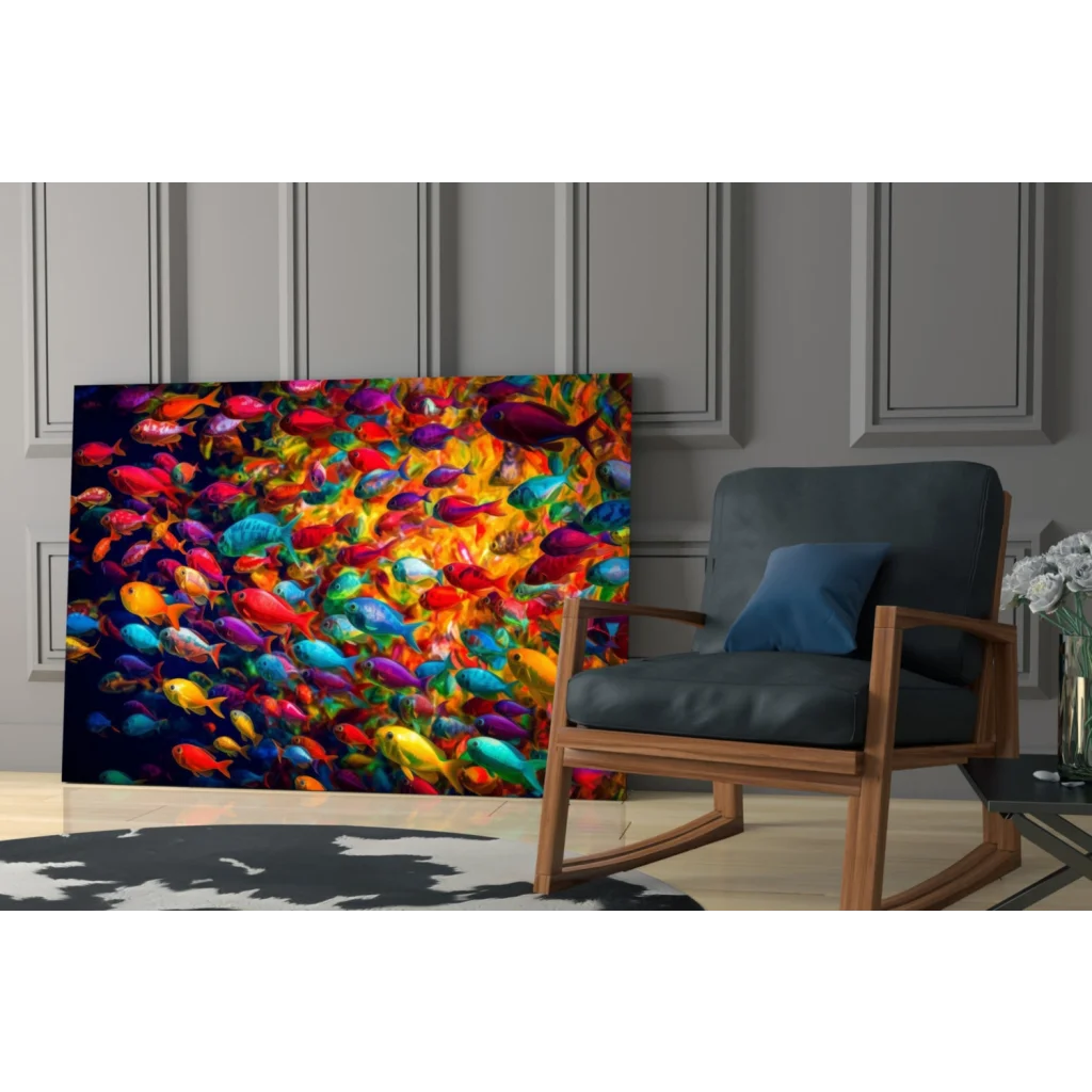 Vibrant multicolored fish school glass wall art leaning on gray paneled wall