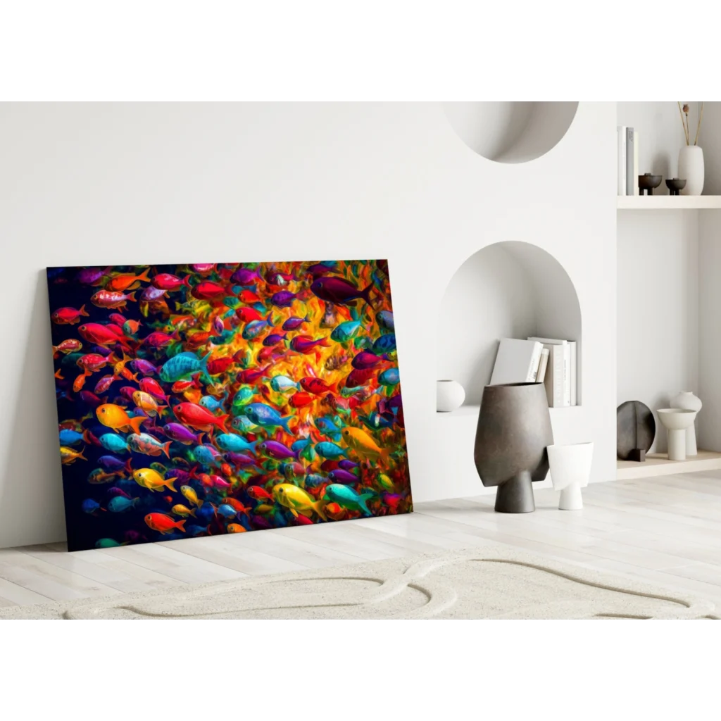 Vibrant multicolored fish school glass wall art leaning on white wall