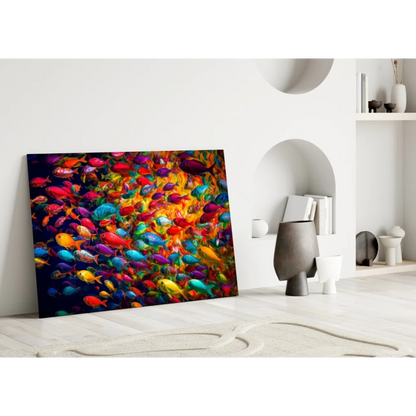 Vibrant multicolored fish school glass wall art leaning on white wall