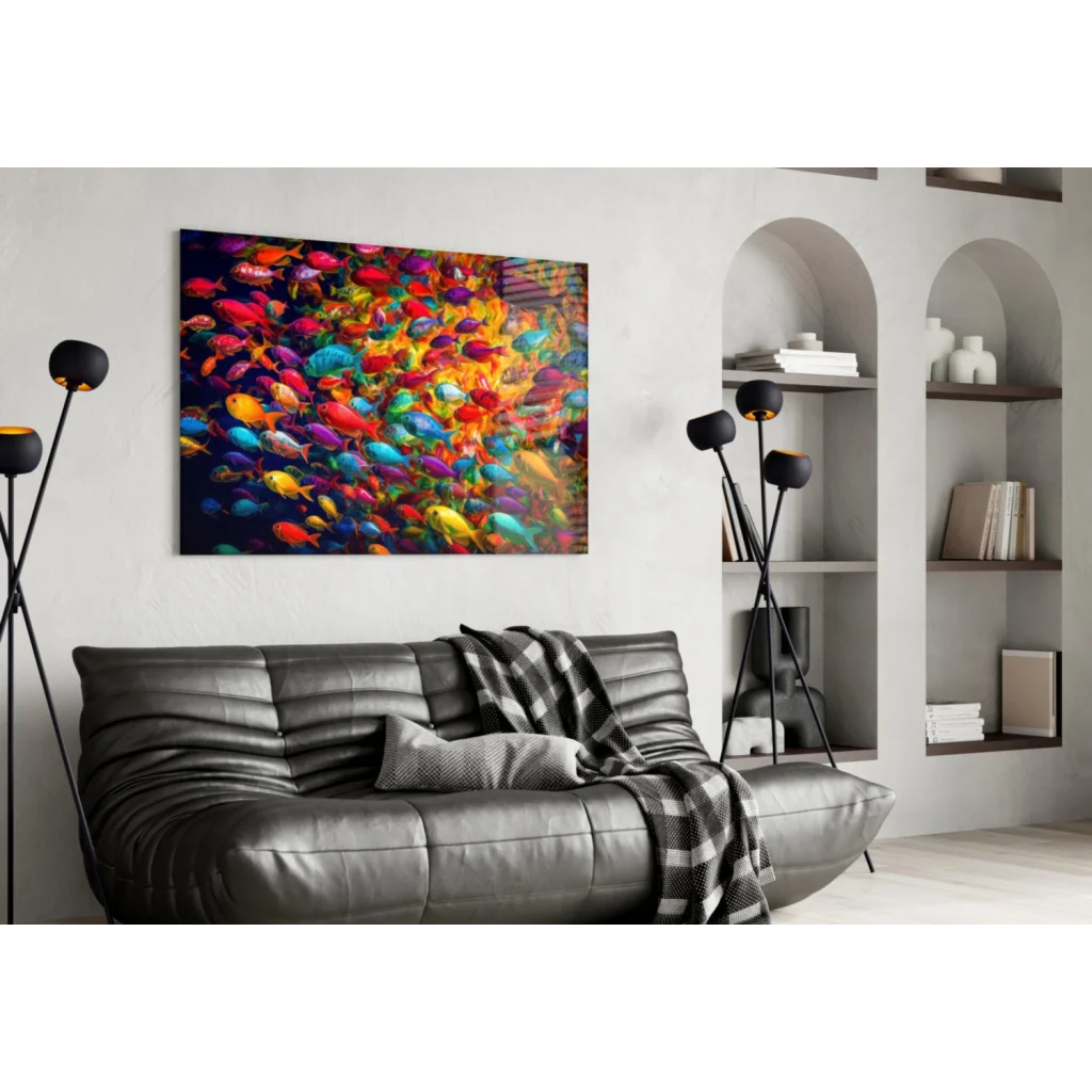 Vibrant multicolored fish school glass wall art print on wall