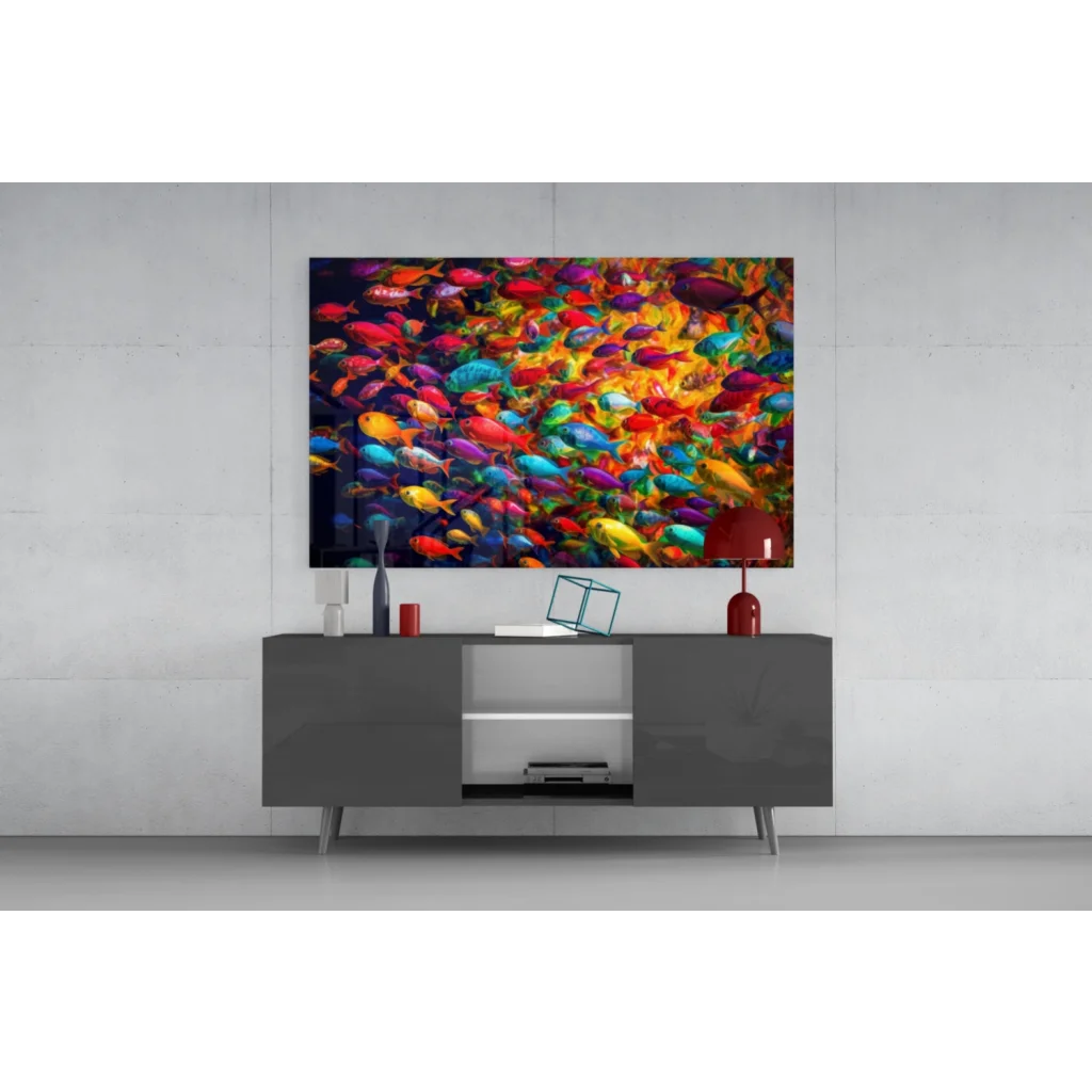 Vibrant multicolored fish school glass wall art on gray console