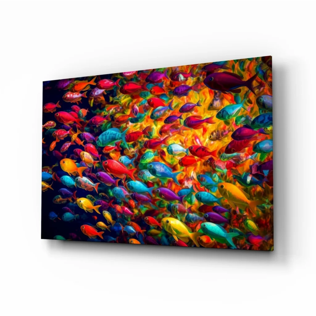 Vibrant multicolored fish school on stunning glass wall art print