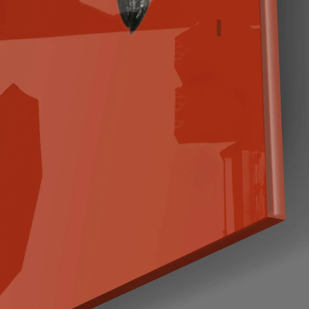 Vibrant orange glass wall art with flamingo, red backdrop, geometric shadows