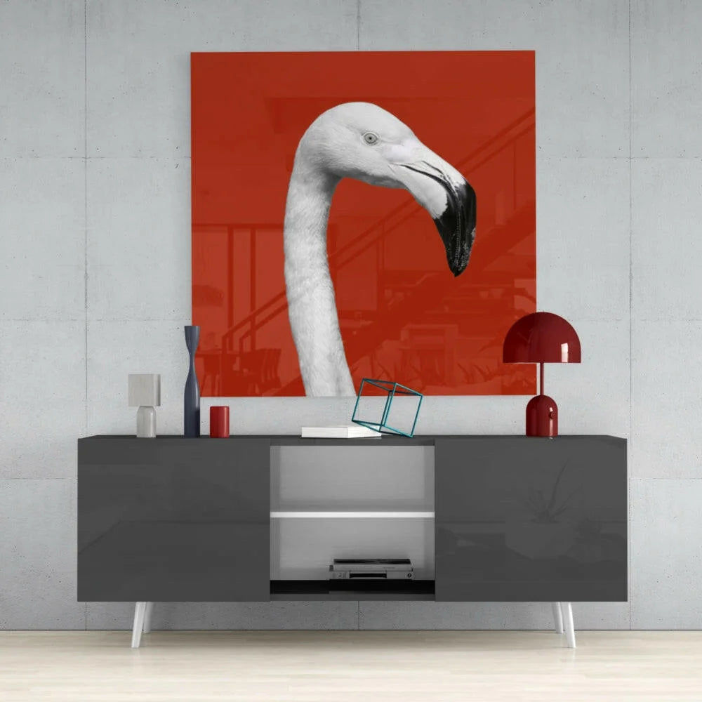 Stunning white flamingo glass wall art with red canvas and orange backdrop