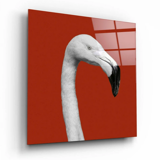 Striking black-and-white flamingo portrait on glossy red glass wall art