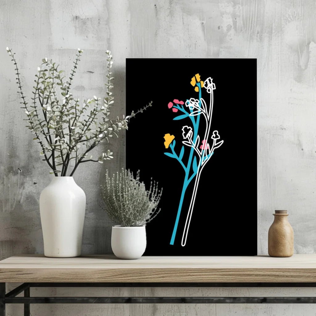Stunning black floral aluminum print with blue accents