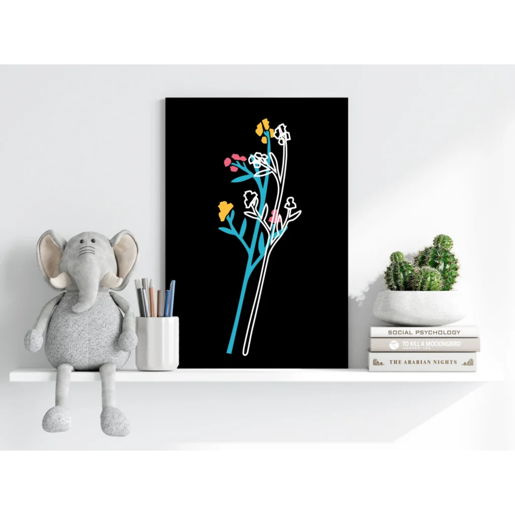 Gray elephant plush with white tusks on shelf, floral print style