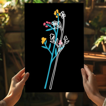 Stunning blue and white floral silhouette on bold black aluminum print
