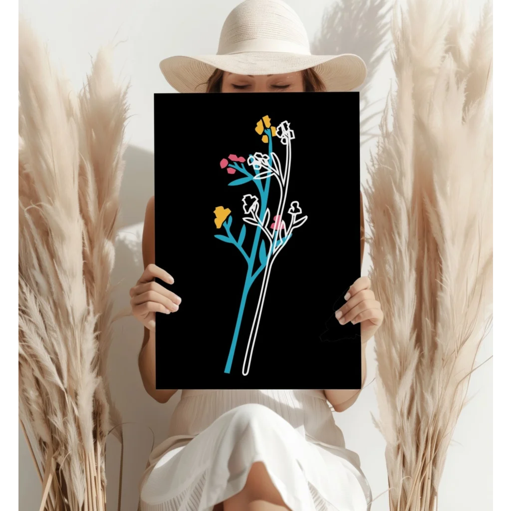 Stunning blue and white floral print on black aluminum poster