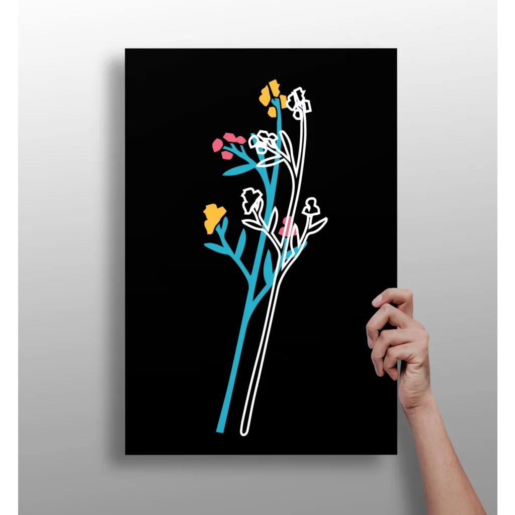 Stunning blue and white floral aluminum print on black background