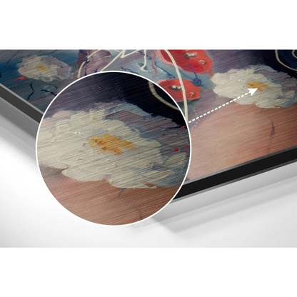 Close-up of wood-grain under stunning floral art on brushed aluminium dibond print