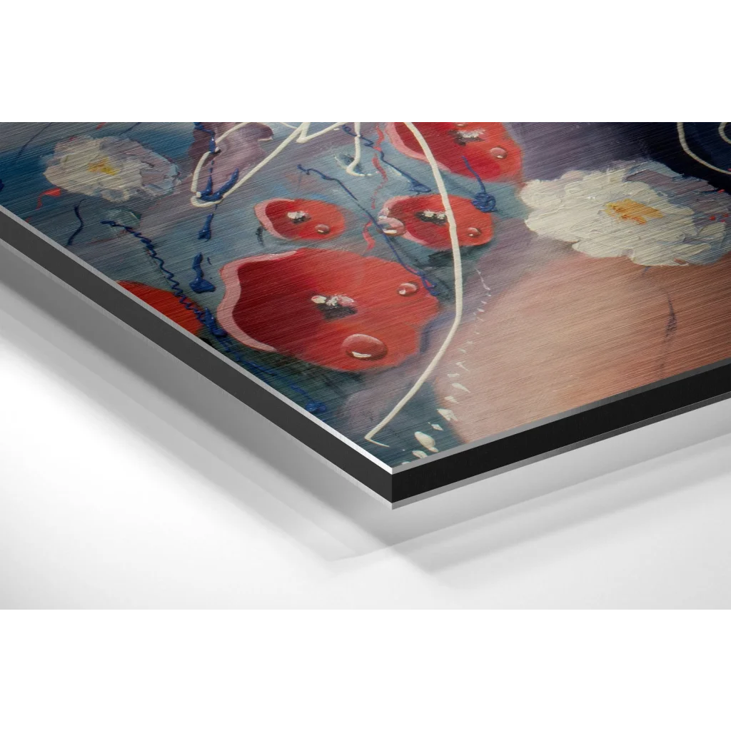 Glass Wall Art Vibrant red white floral abstract on brushed aluminium dibond in black frame