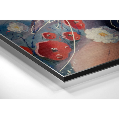 Vibrant red white floral abstract on brushed aluminium dibond in black frame