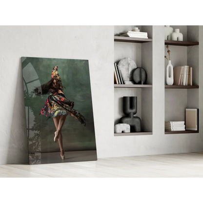 Vibrant ballerina in floral dress on stunning glass wall art