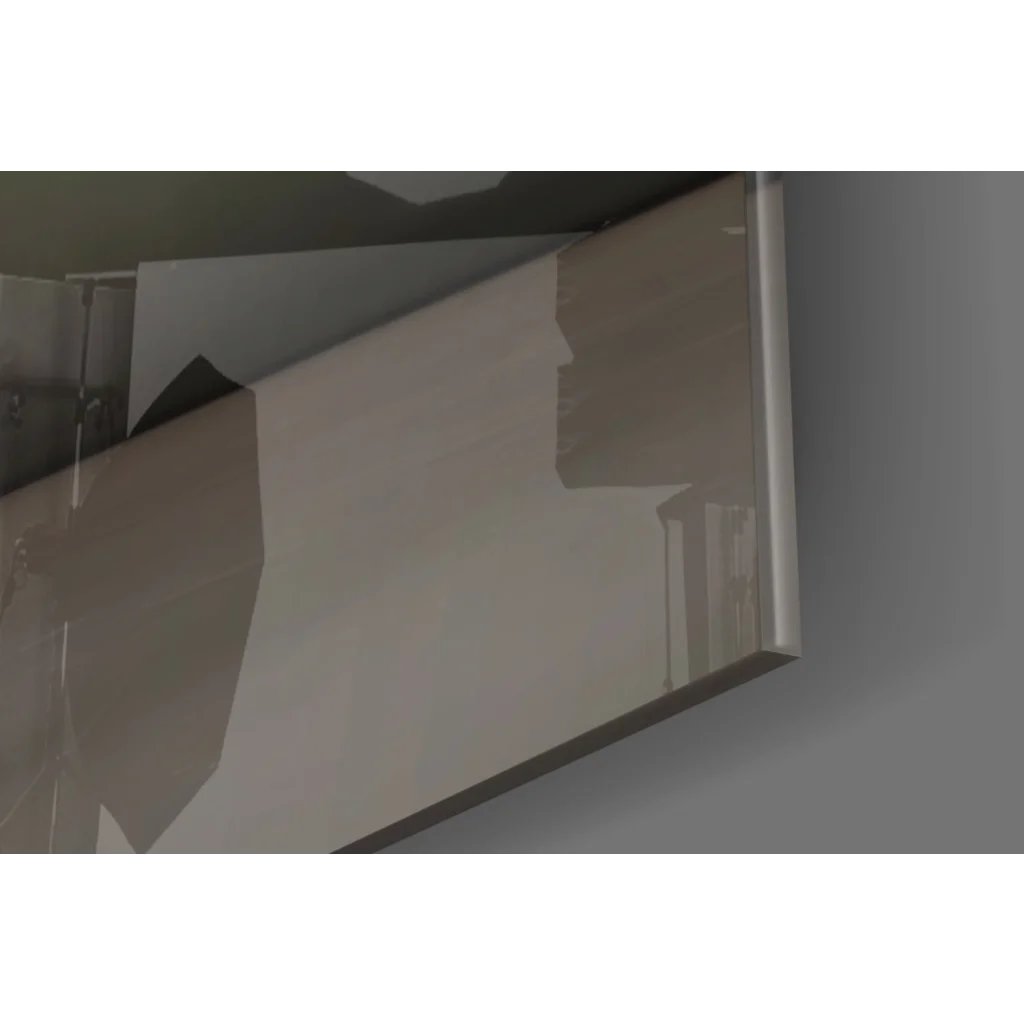 White glossy glass wall art with black grout geometric design