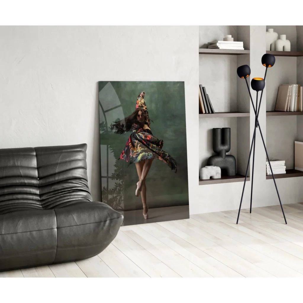 Stunning floral ballet dancer glass wall art on black leather sofa