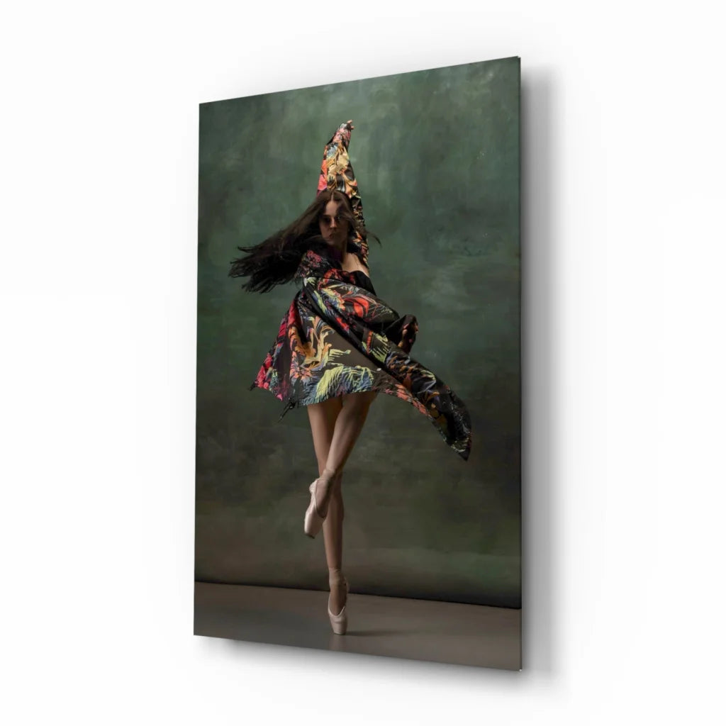 Stunning floral ballet dancer on glass wall art with pointe shoes