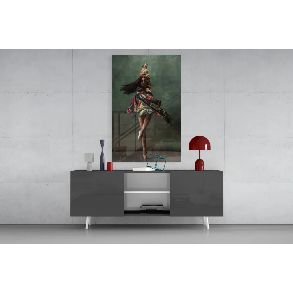 Stunning floral ballet dancer glass wall art on gray modern sideboard