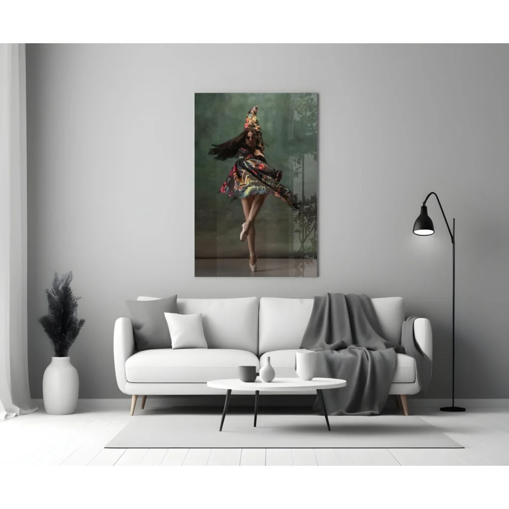 Modern white sofa with gray throw under floral ballet glass wall art