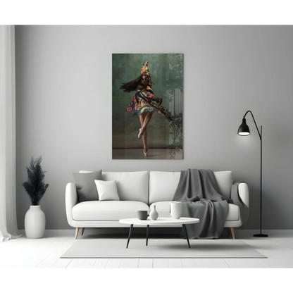 Modern white sofa with gray throw under floral ballet glass wall art