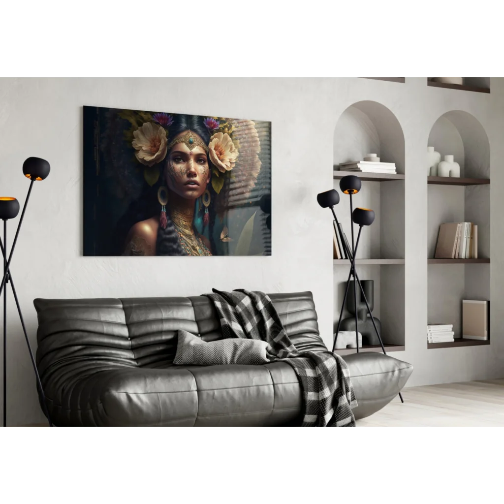 Black leather sofa with floral butterfly wall art